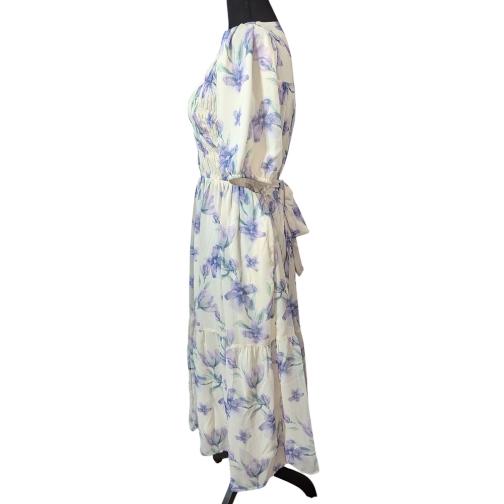 Polagram Women’s Chiffon Floral Watercolor Midi Belted Dress Smocked Bodice S - Picture 3 of 12